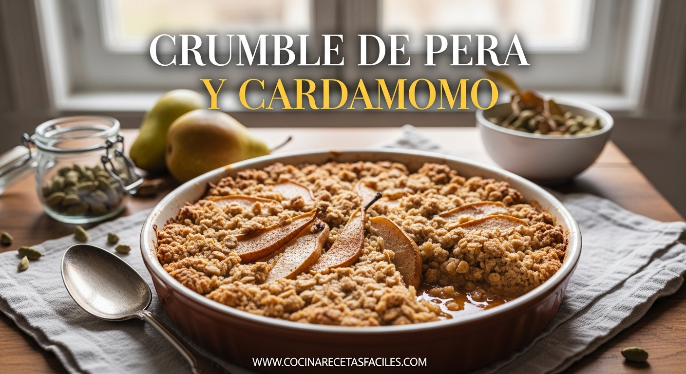 Crumble de pera y cardamomo horneado sobre mesa de madera con luz natural