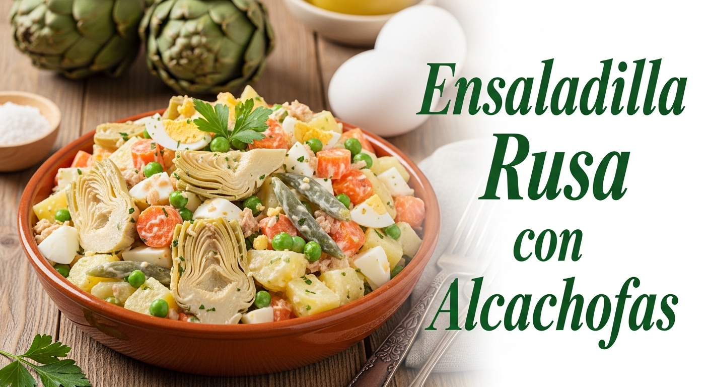 Ensaladilla rusa con alcachofas, papas, zanahorias, guisantes y mayonesa servida en un bol rústico