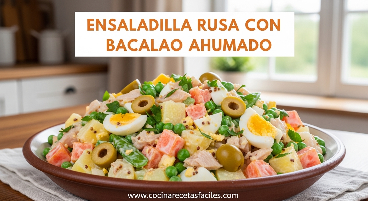 Ensaladilla rusa con bacalao ahumado servida en plato rústico sobre mesa de madera, en cocina luminosa.