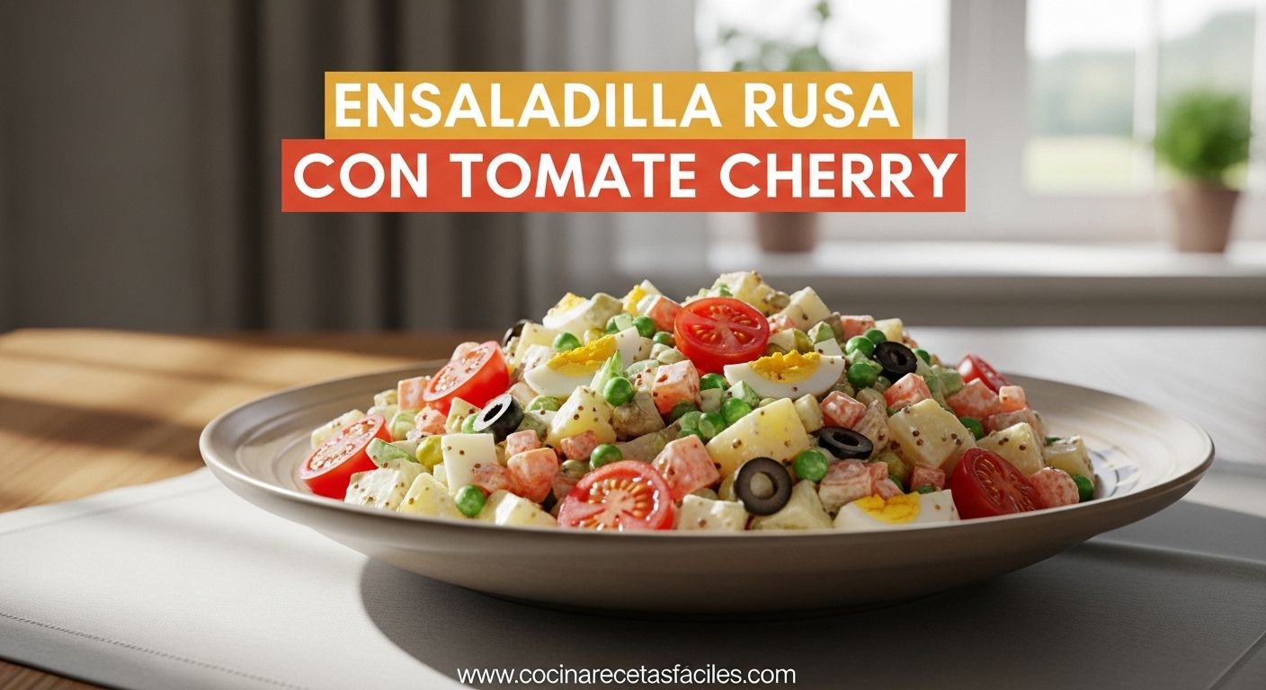 Ensaladilla rusa con tomate cherry, guisantes, zanahoria y mayonesa en un bol sobre mesa rústica.