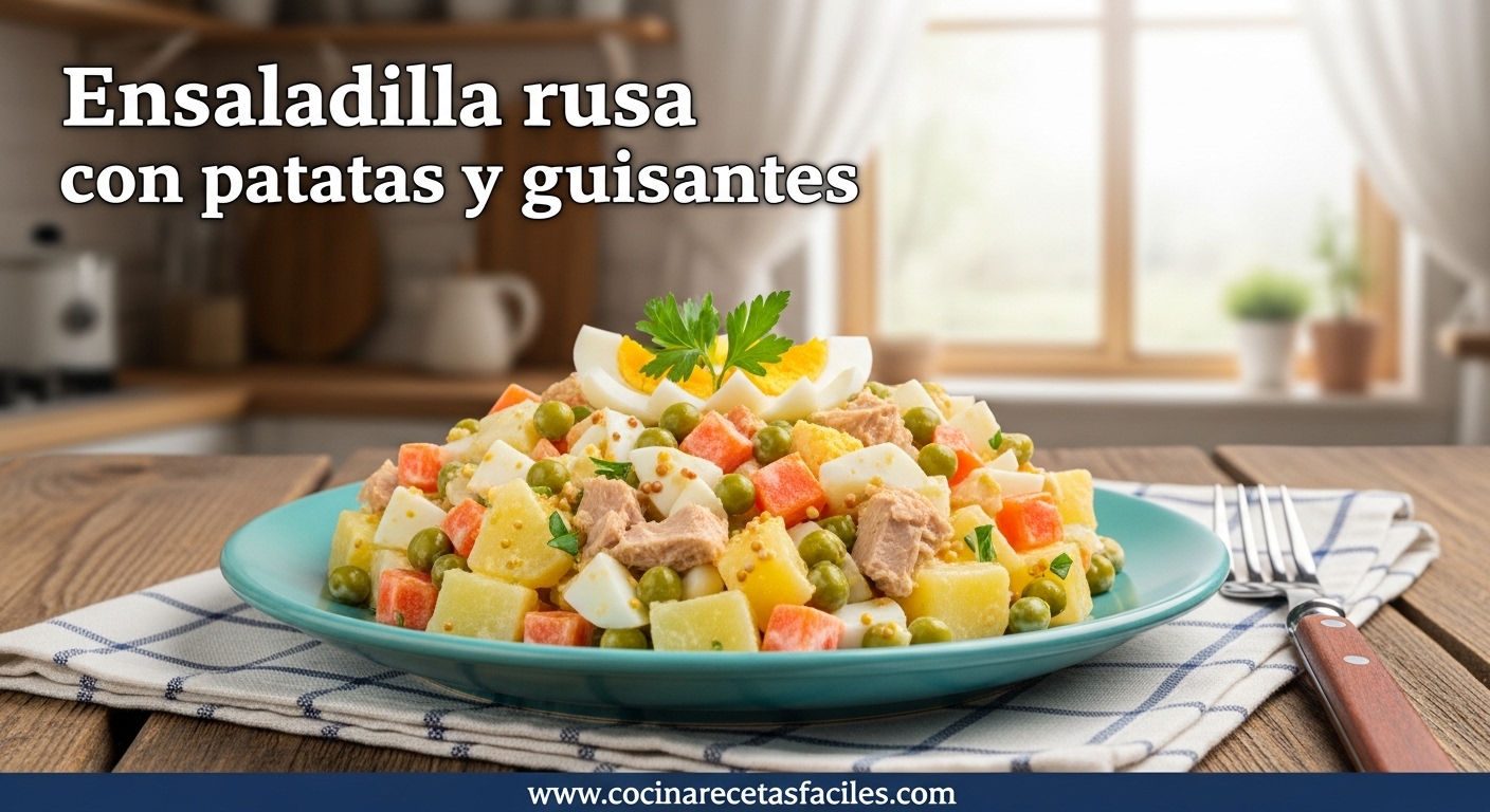 Ensaladilla rusa con patatas, zanahorias, guisantes y huevo duro sobre mesa de madera