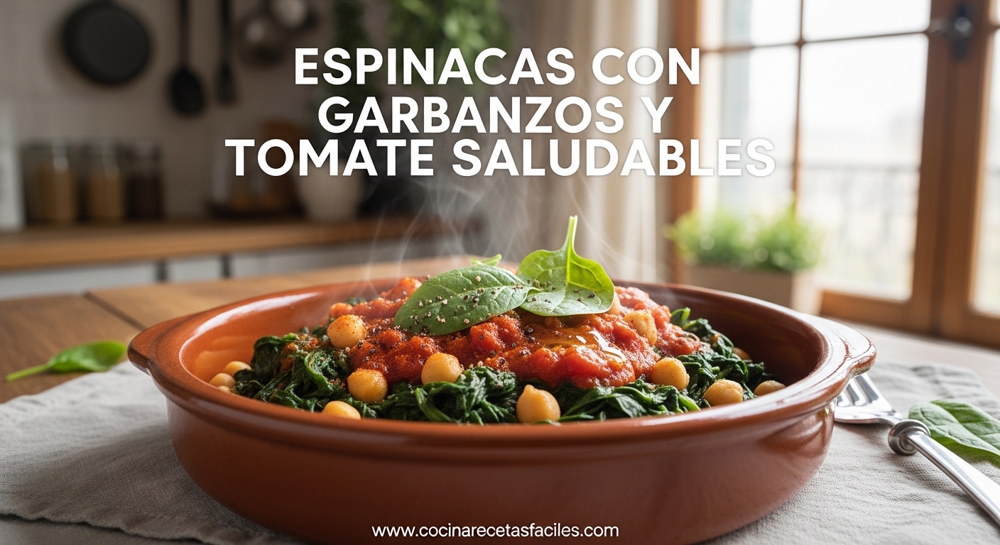 Plato de espinacas con garbanzos y tomate servido sobre una mesa en una cocina acogedora.