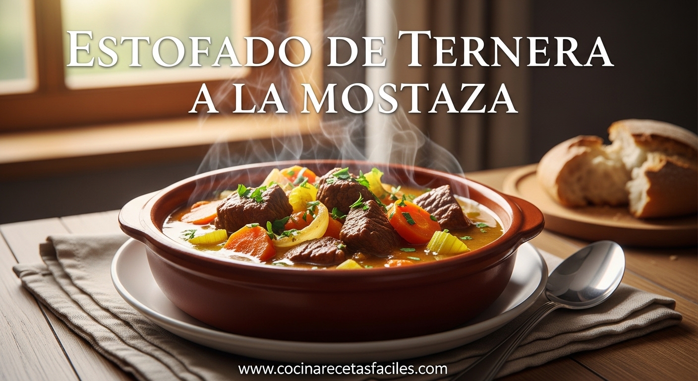 Estofado casero de ternera a la mostaza con verduras, servido en plato rústico sobre mesa de madera