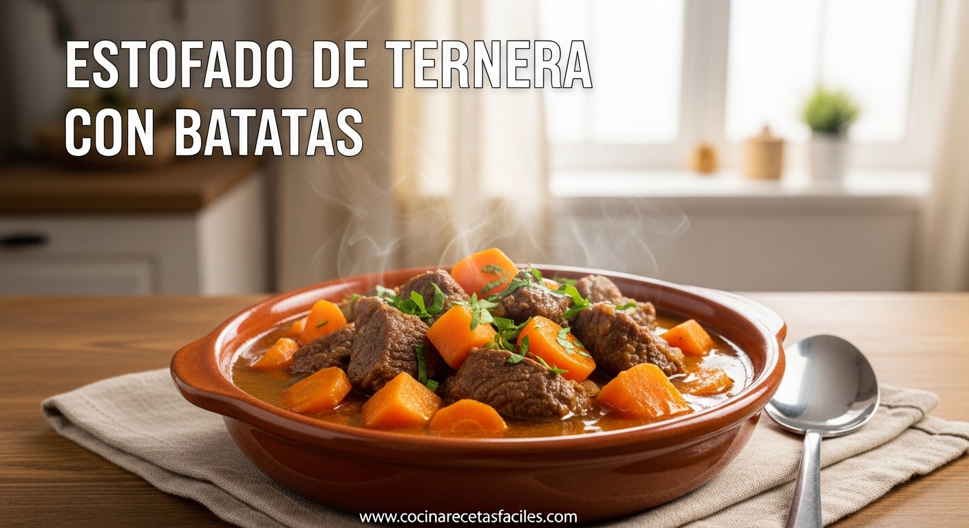 Estofado casero de ternera con batatas, zanahorias y salsa espesa servido en un cuenco rústico