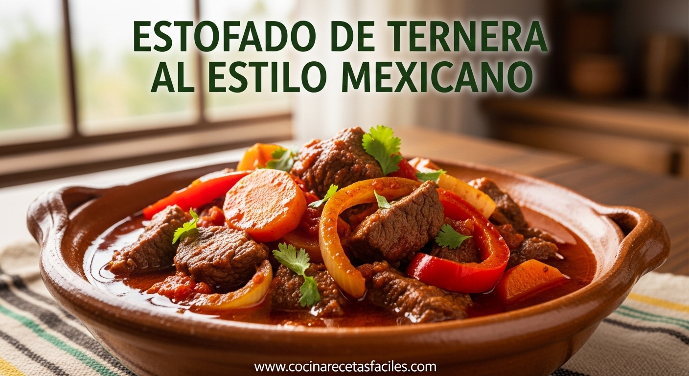 Estofado de ternera al estilo mexicano servido en plato de barro sobre mantel tradicional