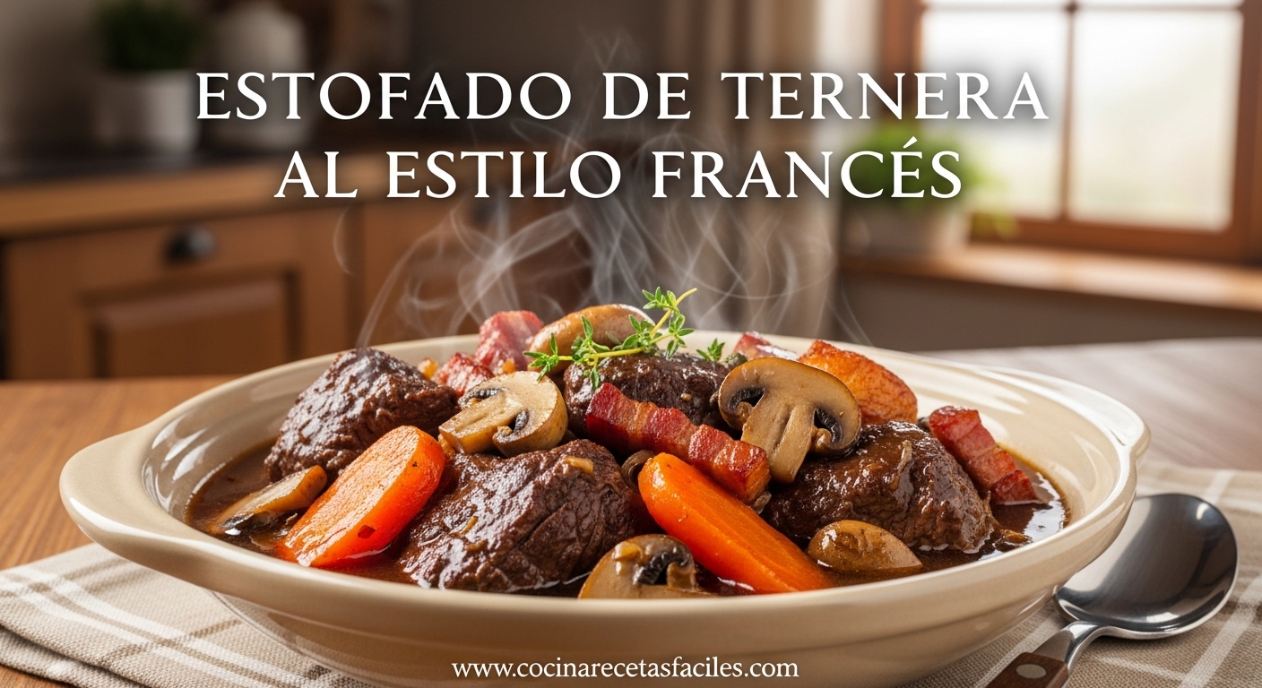 Estofado de ternera al estilo francés con panceta, champiñones y zanahorias servido en un cuenco rústico