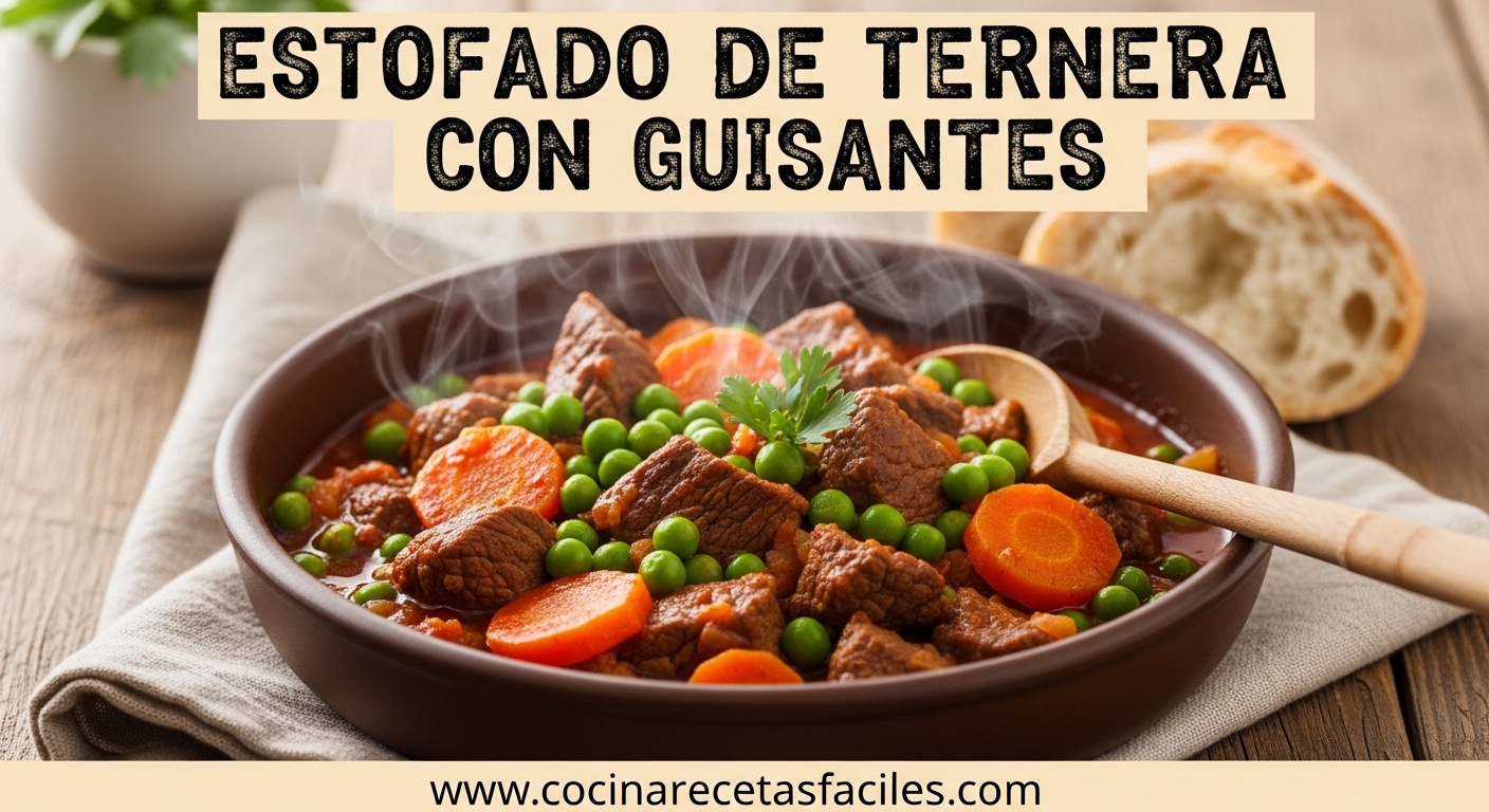 Estofado de ternera con guisantes y zanahorias en salsa espesa, servido en un bol rústico sobre mesa de madera.