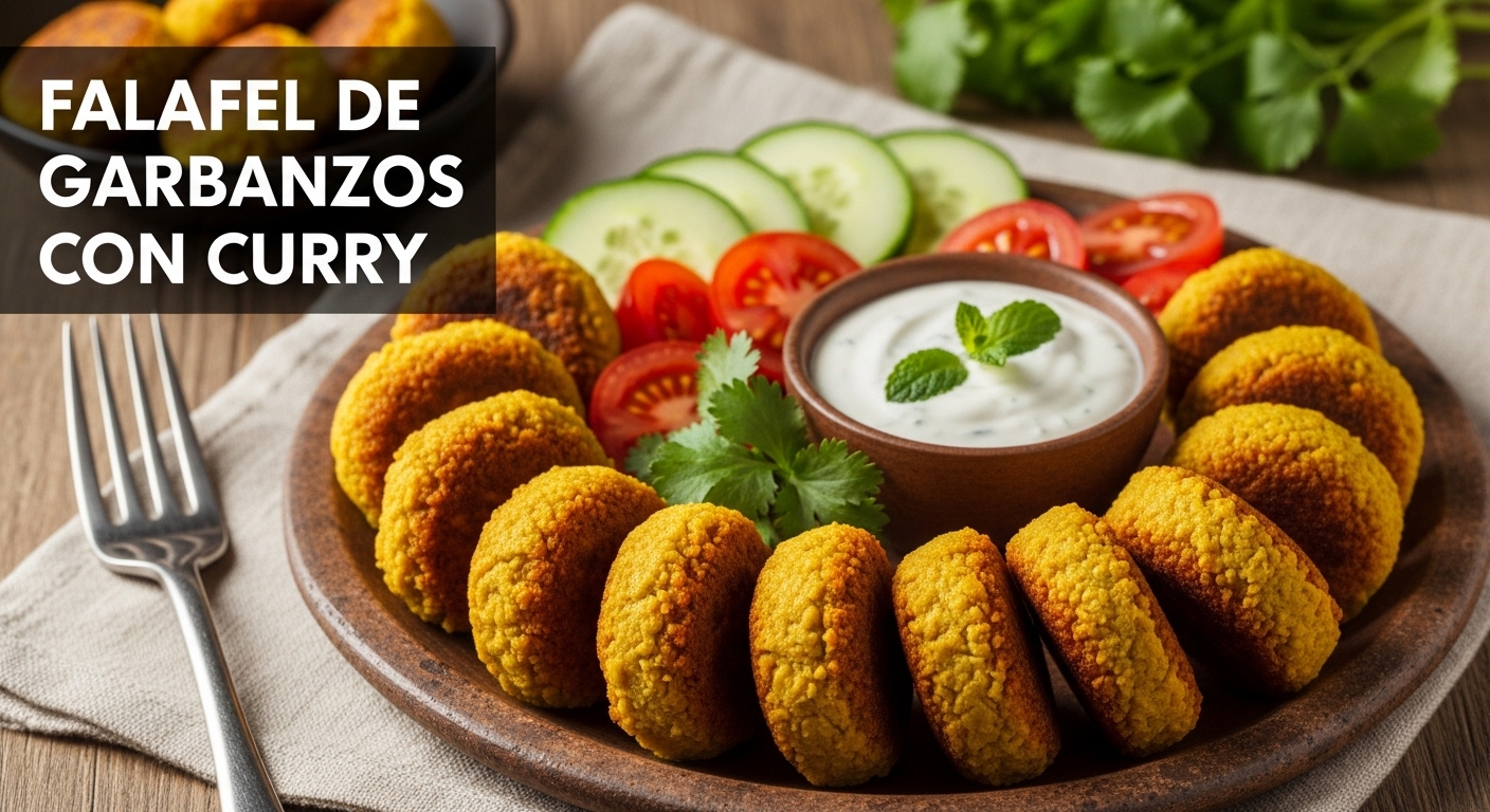 Falafel de garbanzos al curry, servido con salsa de yogur y ensalada fresca.