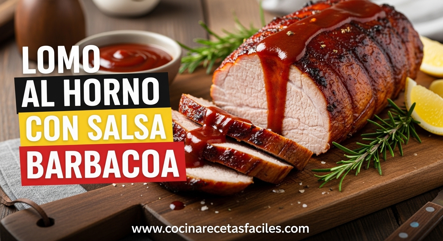 Lomo de cerdo al horno cubierto con salsa barbacoa, jugoso y dorado, servido sobre una tabla rústica con decoraciones de limón y romero.