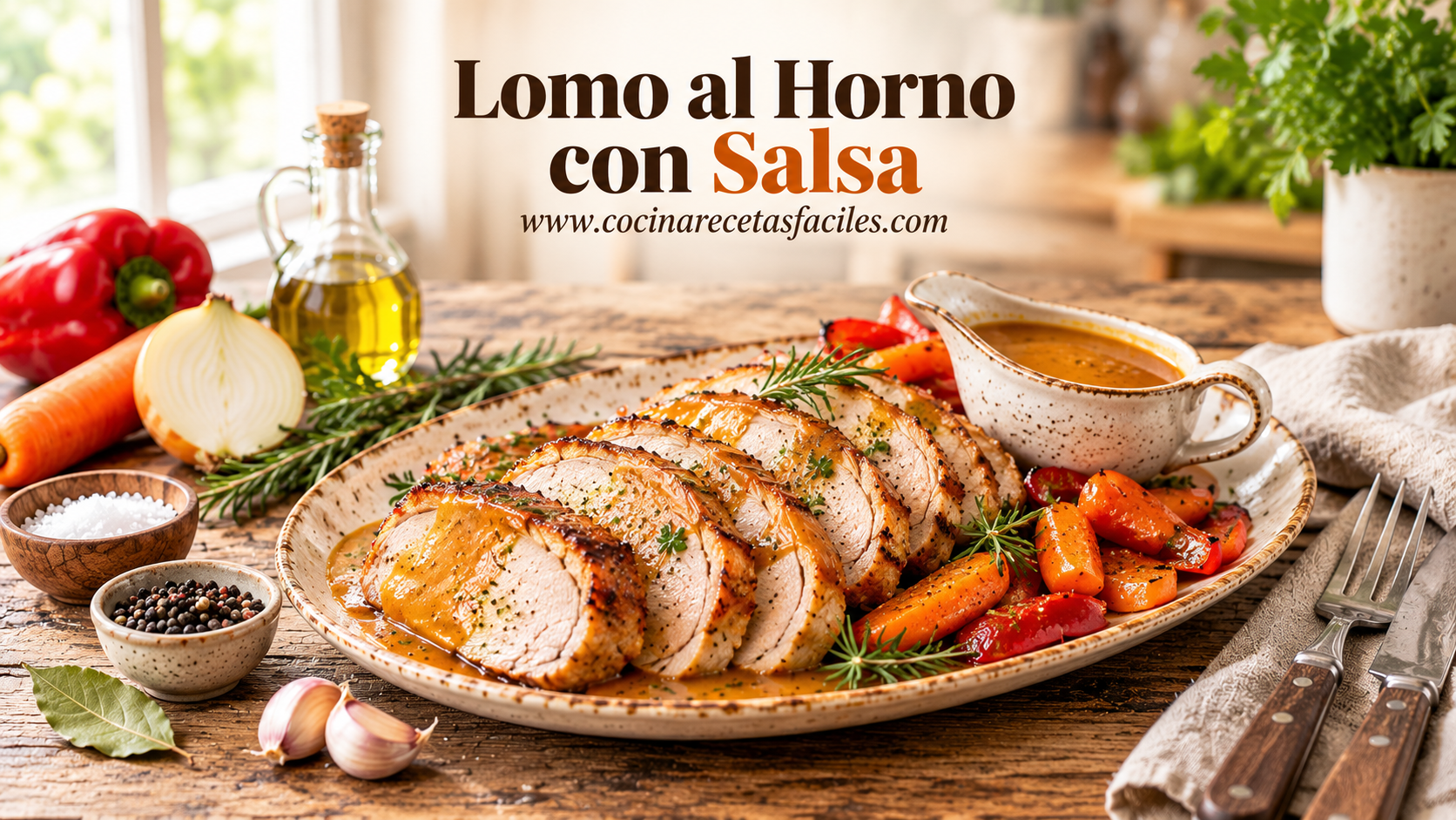 Lomo de cerdo al horno en lonchas finas con salsa de verduras en salsera, acompañado de zanahoria, pimiento y romero, sobre mesa de madera rústica junto a una ventana