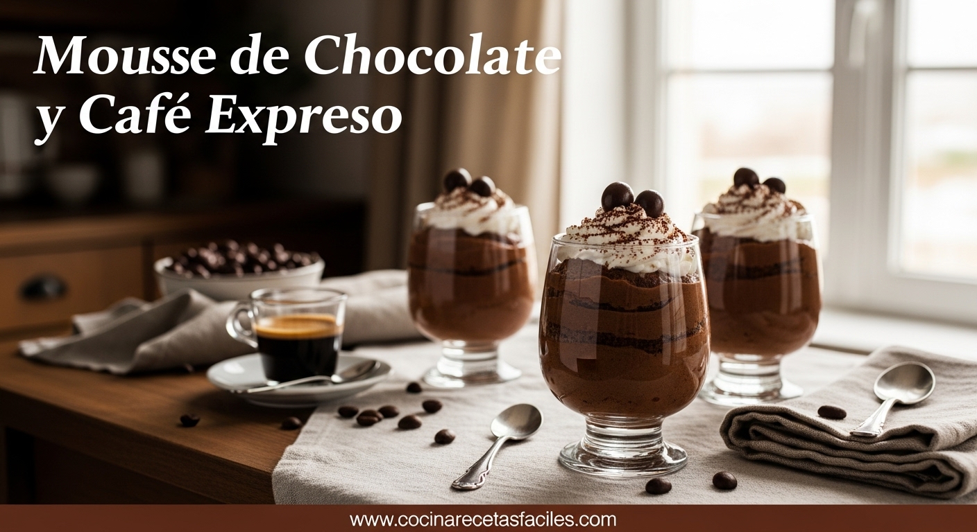 Mousse cremoso de chocolate y café servido en copa con nata montada y granos de café.