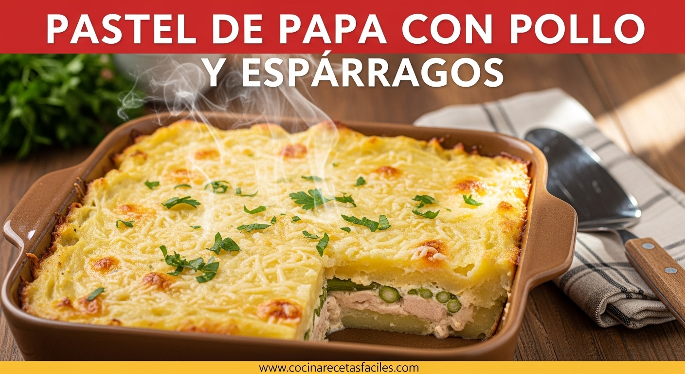 Pastel de papa horneado con pollo cremoso y espárragos, servido en fuente rústica y decorado con perejil