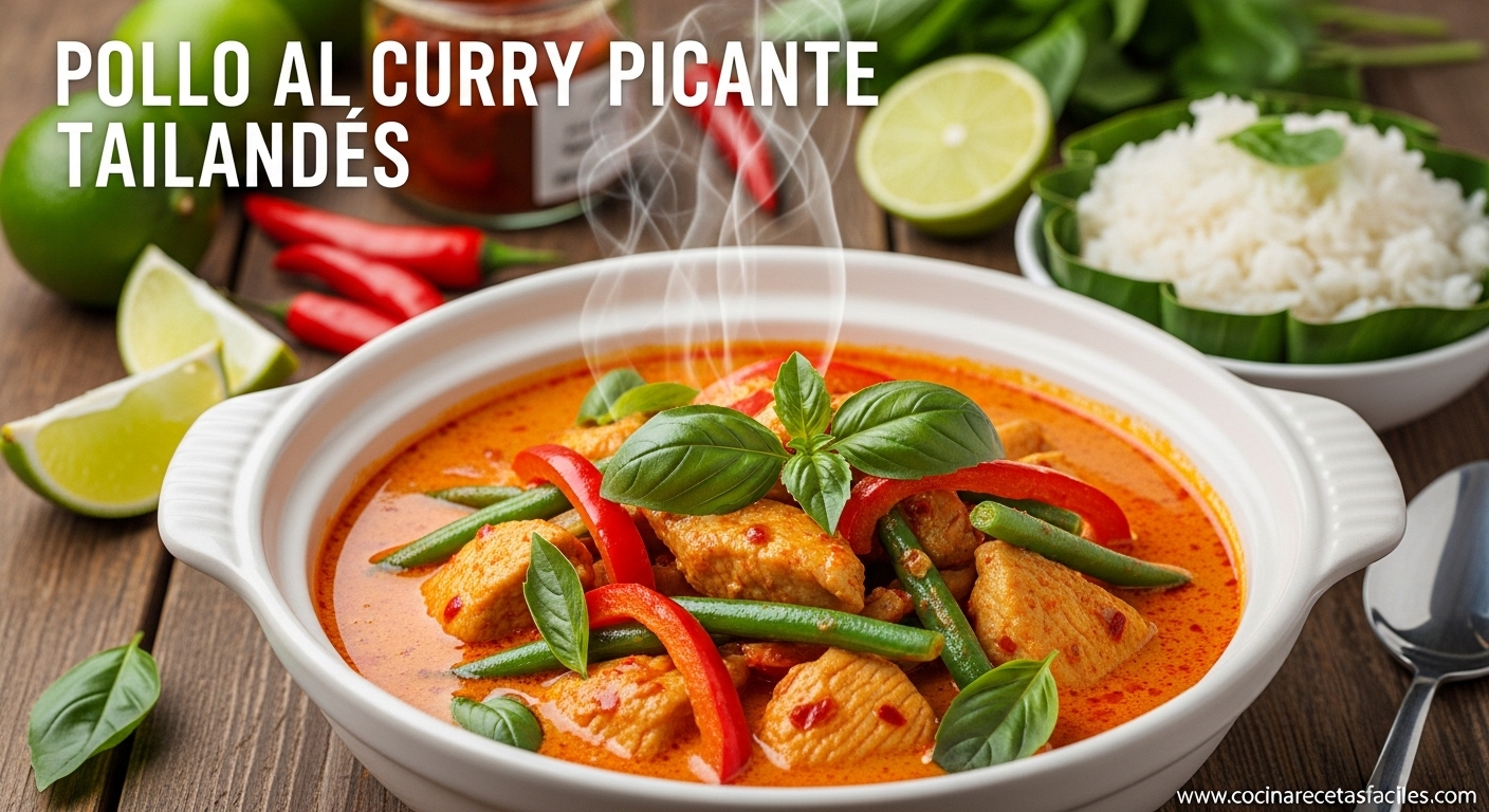 Pollo al curry rojo estilo tailandés con vegetales y arroz jazmín