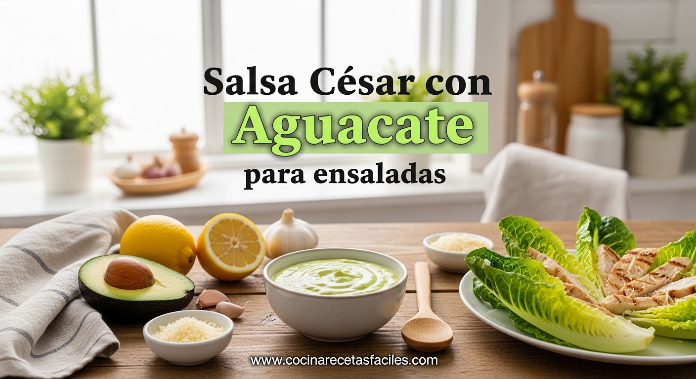 Salsa César con Aguacate en un bol acompañada de ingredientes frescos sobre una mesa rústica.
