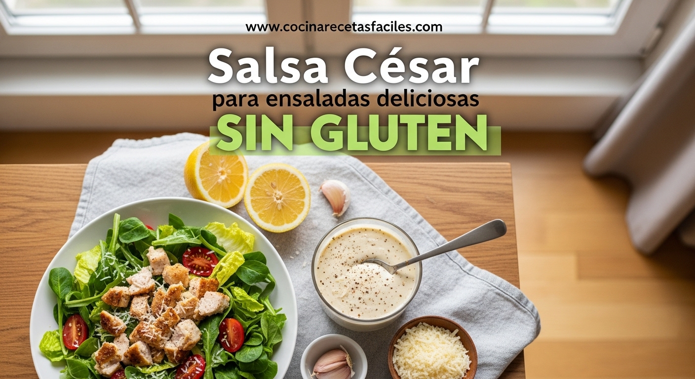 Salsa César Sin Gluten casera servida en un bol junto a una ensalada fresca