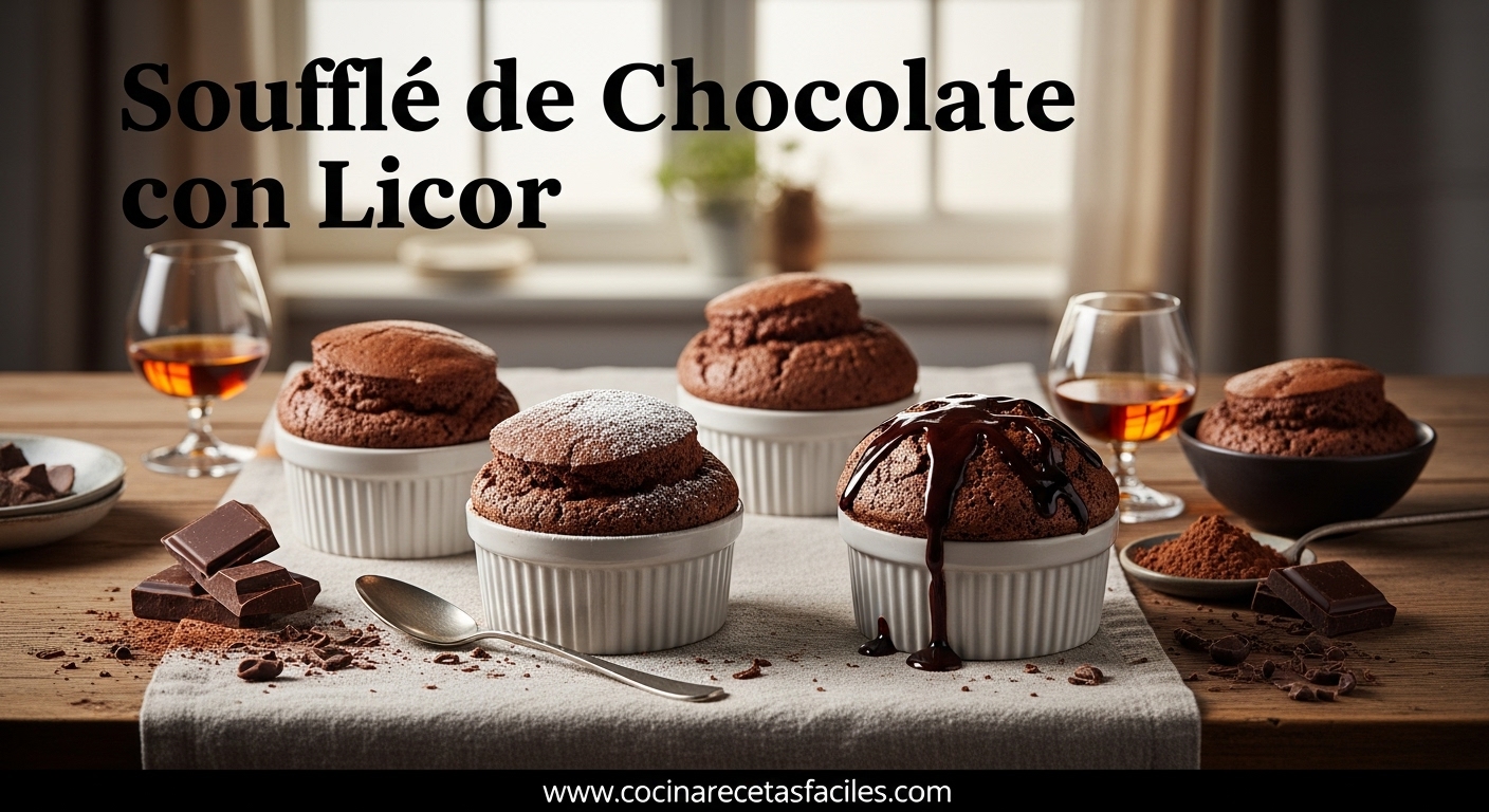 Soufflés de chocolate con licor servidos en moldes individuales sobre mesa rústica
