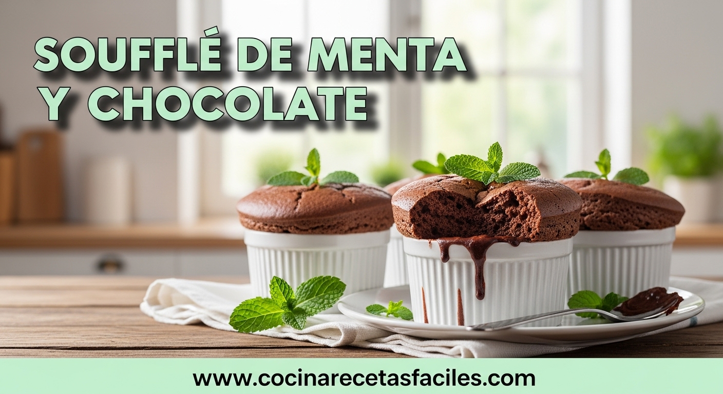 Soufflé de menta y chocolate recién horneado en ramekins, decorado con hojas de menta fresca.