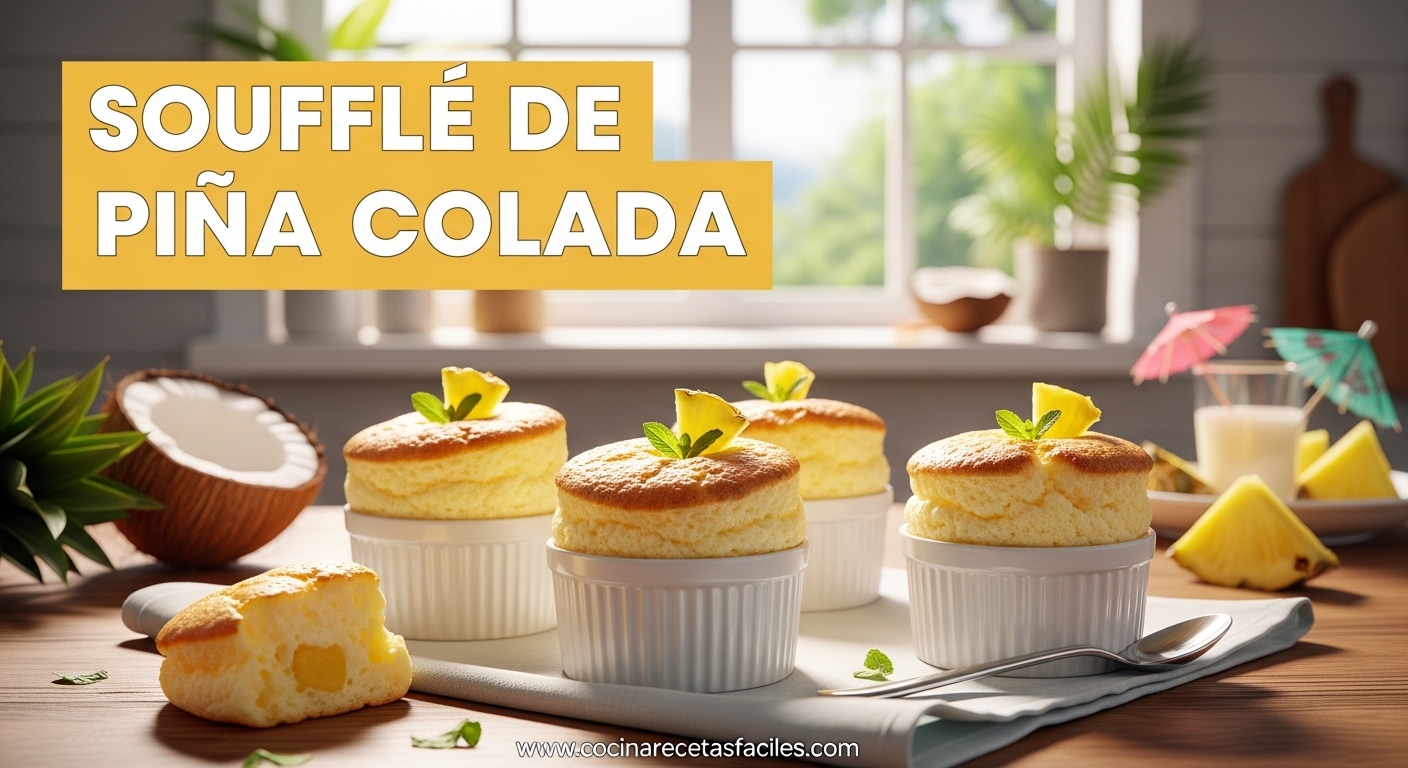 Soufflé de Piña Colada en moldes individuales, inflado y dorado, sobre mesa de madera en cocina tropical iluminada.
