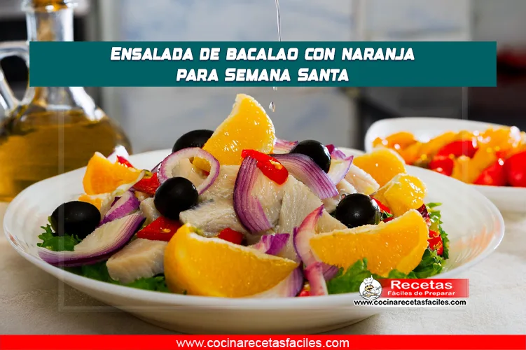 "Ensalada fresca de bacalao desalado con naranjas, cebolla morada, aceitunas y perejil, aderezada con vinagreta, sobre una mesa de madera en una cocina luminosa."