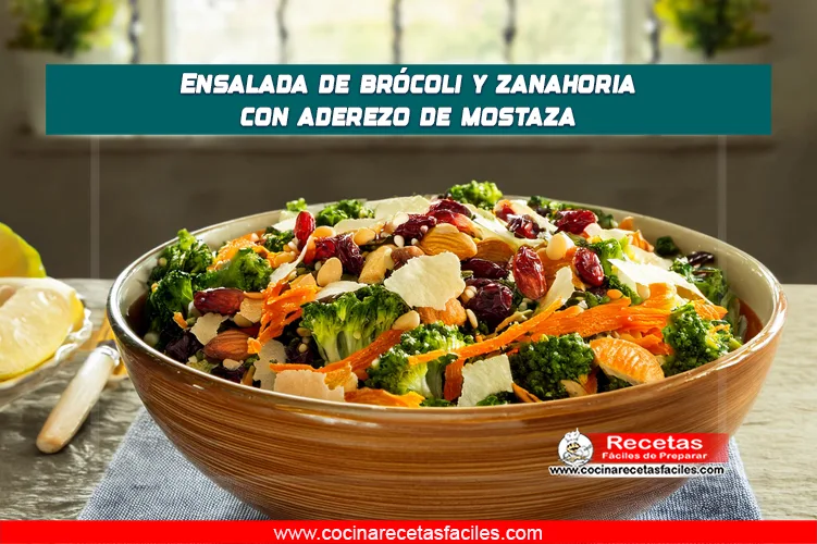 "Ensalada fresca de brócoli y zanahoria con aderezo de mostaza, almendras, arándanos secos y queso, sobre una mesa de madera en una cocina luminosa."