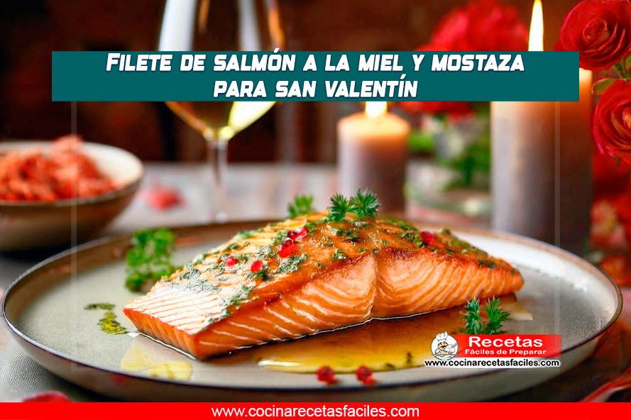Un delicioso filete de salmón a la miel y mostaza, perfectamente presentado en una mesa romántica para una cena íntima de San Valentín. La decoración incluye pétalos de rosa y un suave bouquet de flores, creando el ambiente perfecto para una velada especial