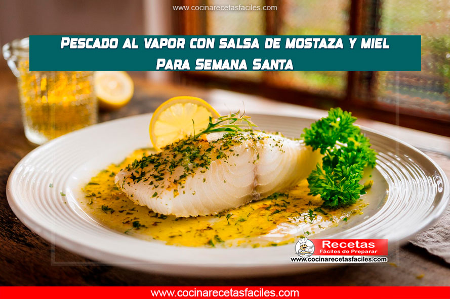 Pescado al vapor con salsa de mostaza y miel servido en un plato blanco, decorado con hierbas frescas.