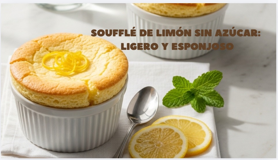 Soufflé de limón sin azúcar recién horneado en ramequín de porcelana blanca, inflado y dorado, decorado con ralladura de limón fresco, fotografiado en estilo editorial gastronómico con luz natural sobre mármol claro.