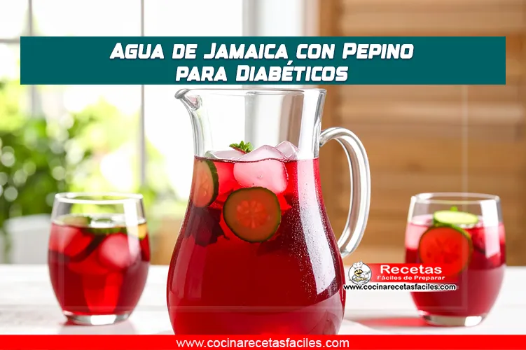 Jarra de agua de jamaica con rodajas de pepino y hielo, bebida saludable sin azúcar