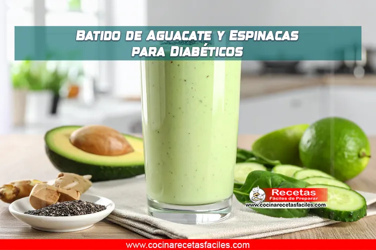 Batido verde de aguacate y espinacas para diabéticos, servido con chía y rodeado de ingredientes frescos.