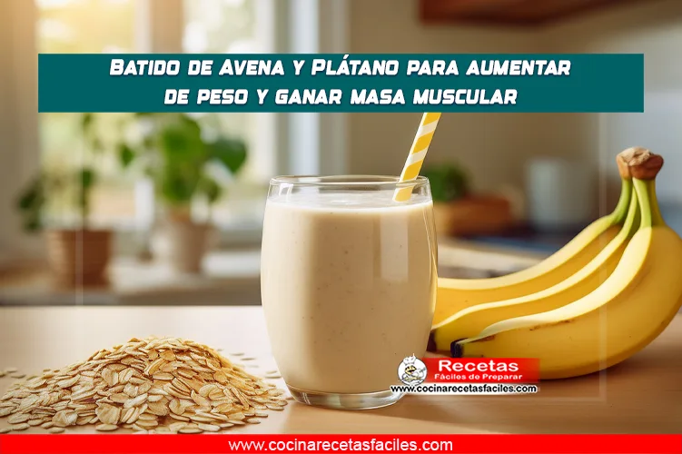 Batido de avena y plátano en un vaso, decorado con rodajas de plátano y canela, servido en una cocina iluminada.