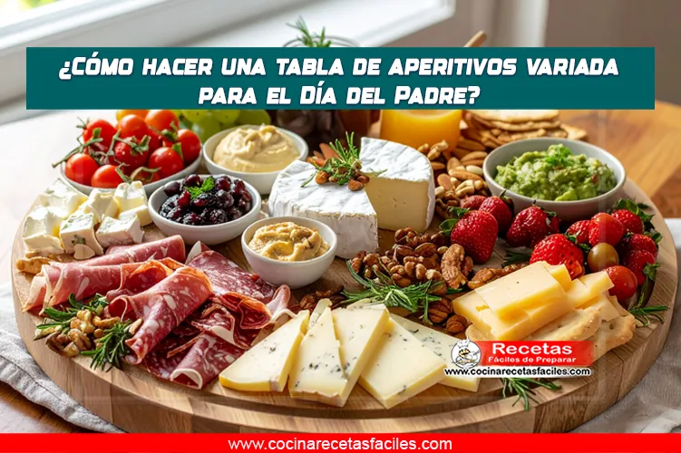Tabla de aperitivos variada con quesos, embutidos, dips, frutas y crackers, ideal para celebrar el Día del Padre
