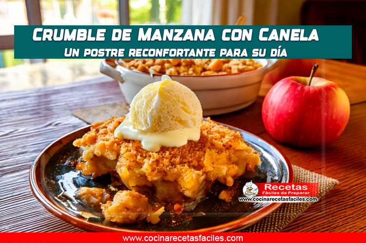 Crumble de manzana con canela servido con helado de vainilla sobre una mesa rĂșstica