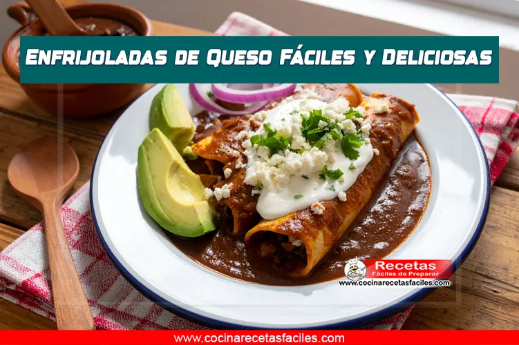 Enfrijoladas rellenas de queso, cubiertas con salsa de frijol y acompañadas con aguacate y cebolla morada.