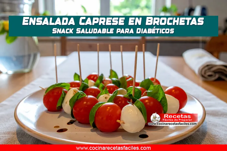 Brochetas de ensalada Caprese sobre una mesa con mantel, en una cocina con ventana grande y luz natural.