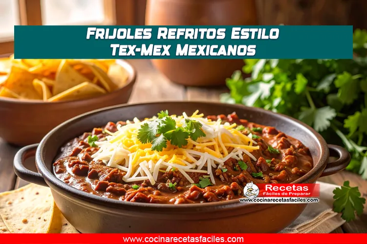 Frijoles refritos Tex-Mex servidos con queso y cilantro en sartén sobre mesa de cocina mexicana