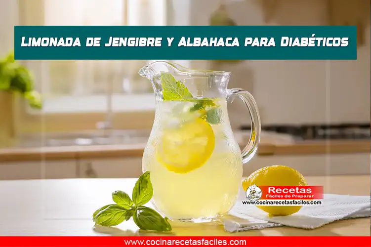 Limonada refrescante de jengibre y albahaca, con una rodaja de limón, ligeramente decorada con unas hojas de albahaca, en un ambiente luminoso.