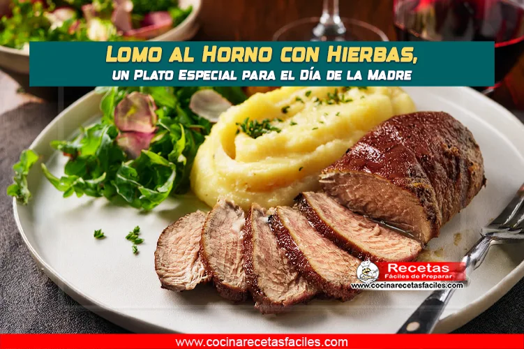 Lomo al horno con hierbas, acompañado de puré y ensalada.
