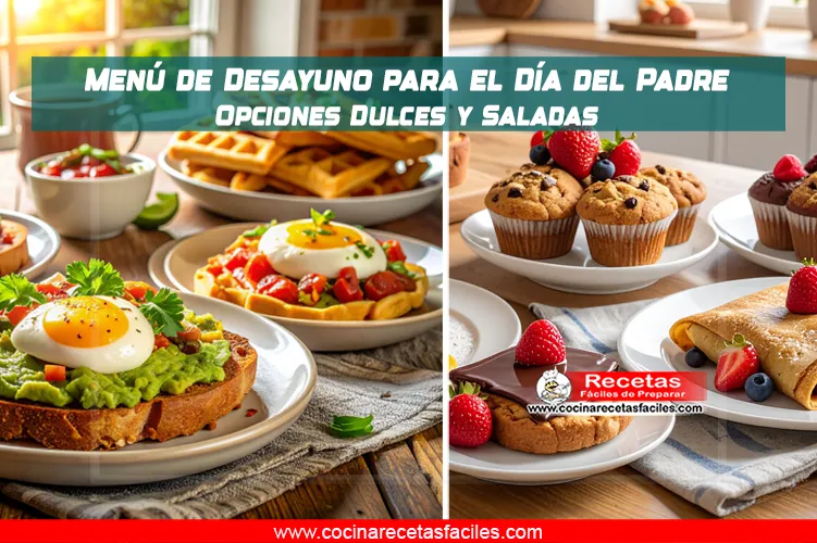 Opciones saladas para el Día del Padre: tostadas con aguacate y huevo pochado, huevos rancheros, waffles de manzana y pan de ajo con pollo y aguacate, servidos sobre una mesa de madera con mantel, en una cocina con ventana grande