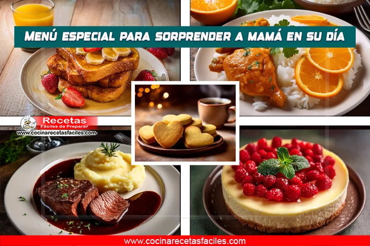 Menú especial para el Día de la Madre con desayuno, almuerzo, merienda, cena y postre, servido en una mesa con mantel en una cocina acogedora.