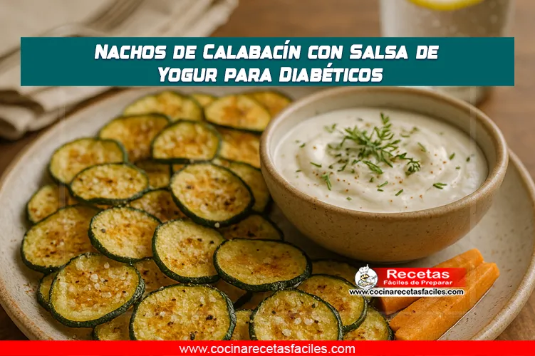 Nachos crujientes de calabacín servidos con salsa de yogur en un plato de madera