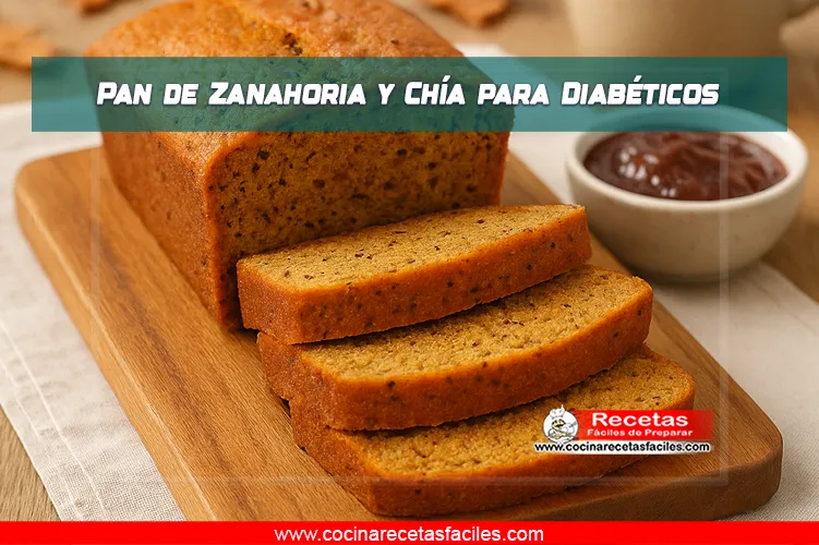 Pan casero de zanahoria y chía para diabéticos, cortado en rebanadas gruesas sobre una tabla de madera.