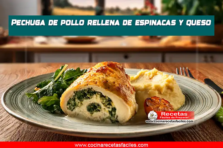 Pechuga de pollo rellena de espinacas y queso, dorada y jugosa, servida con puré de papas y ensalada en una mesa con mantel dentro de una cocina con ventana.