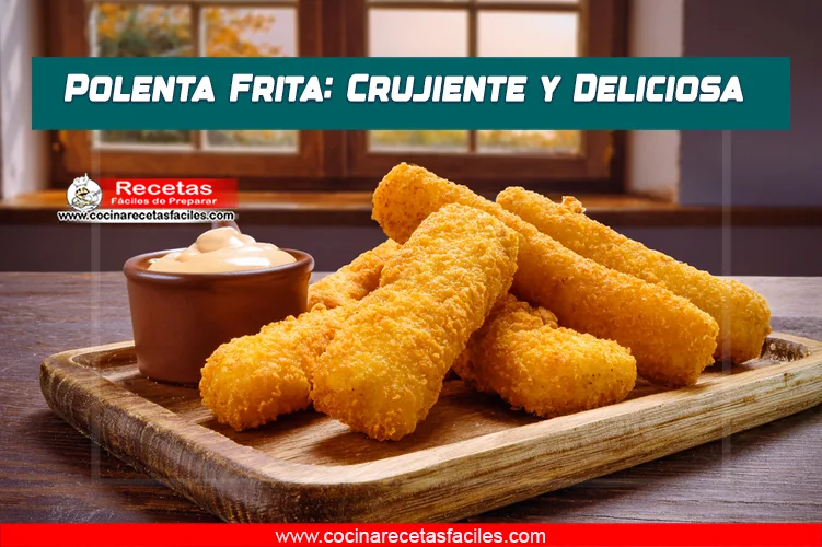 Bastones dorados de polenta frita servidos con salsa en una mesa rústica