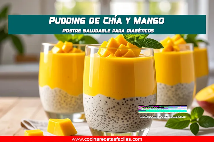 Pudding de chía con mango servido en vasos, decorado con cubitos de mango y menta sobre una mesa con mantel