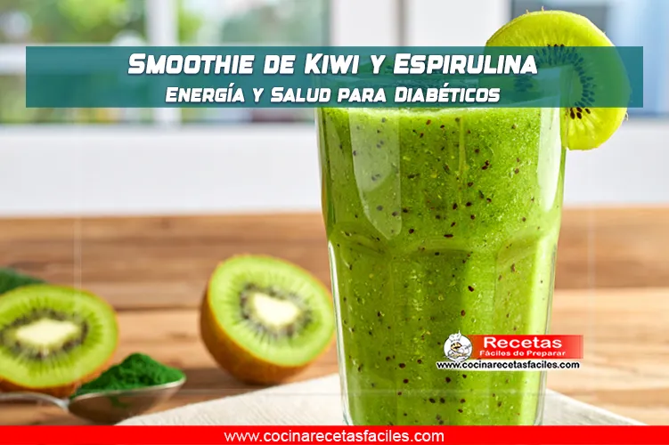 Smoothie verde de kiwi y espirulina en vaso grande, decorado con chía y rodajas de kiwi.