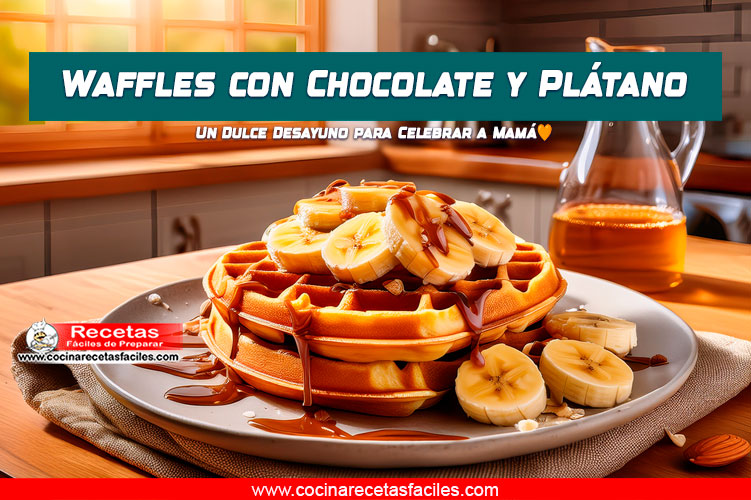 Waffles dorados con plátanos caramelizados, chocolate y miel de maple