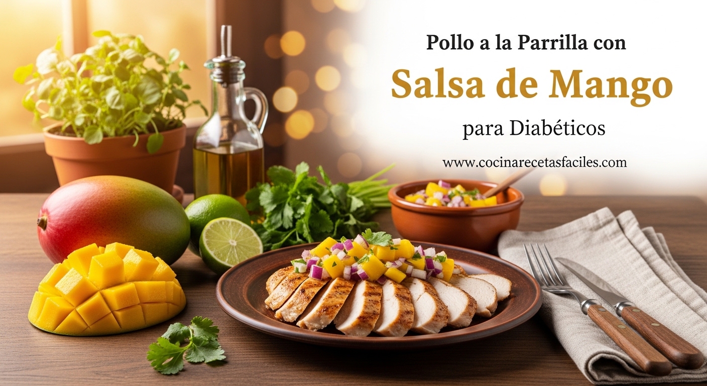 Pechuga de pollo a la parrilla con marcas doradas cubierta de salsa de mango fresca con cilantro y cebolla morada, servida en plato blanco rústico sobre mesa de madera con luz natural Pechuga de pollo a la parrilla con marcas doradas cubierta de salsa de mango fresca con cilantro y cebolla morada, servida en plato blanco rústico sobre mesa de madera con luz natural
