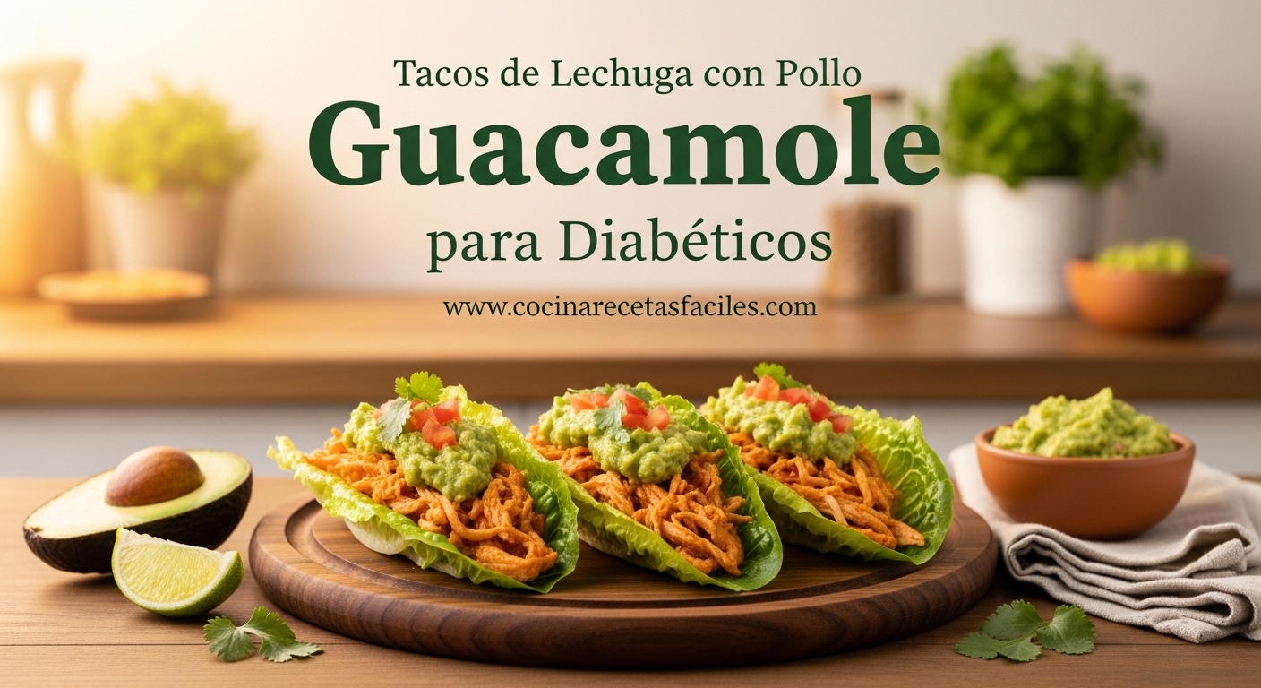 Tacos de lechuga con pollo deshebrado y guacamole casero, receta saludable para diabéticos baja en carbohidratos