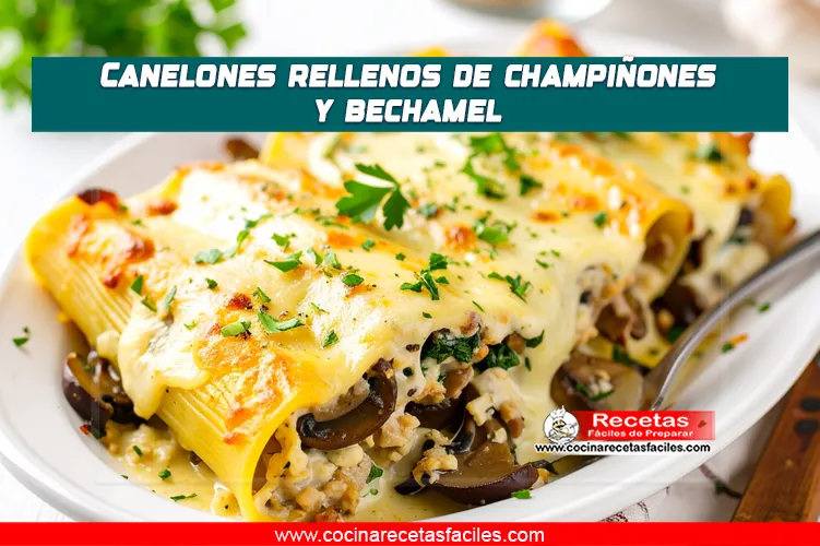 Canelones rellenos de champiñones con bechamel gratinados en una fuente de cerámica