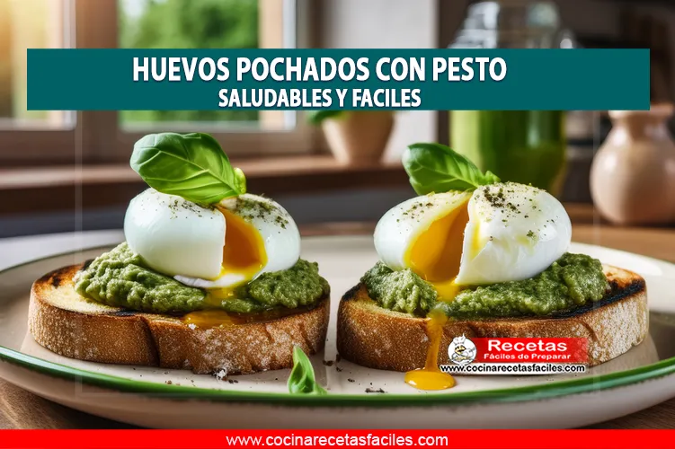 Huevos pochados sobre pan integral con pesto y albahaca fresca en una cocina con ventana.